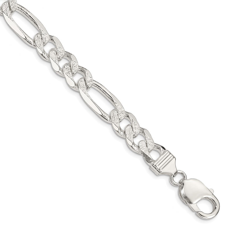 Sterling Silver 11.0mm Pav Flat Figaro Chain Bracelet