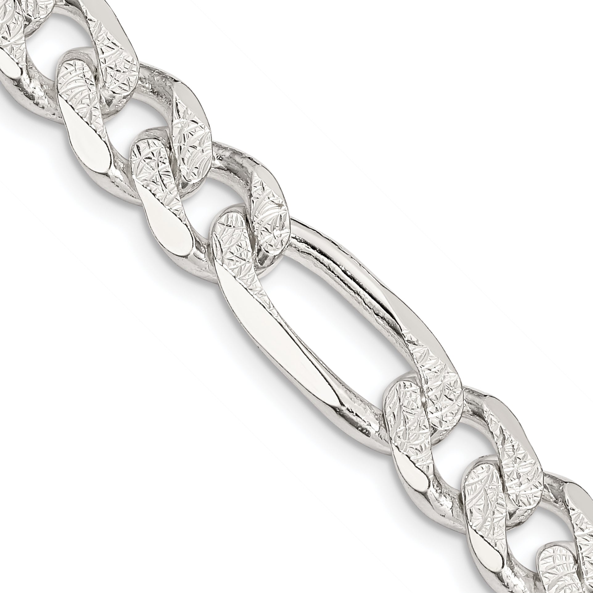 22 Inch Sterling Silver 11.0mm Pav Flat Figaro Chain