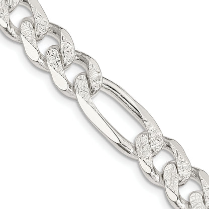22 Inch Sterling Silver 11.0mm Pav Flat Figaro Chain