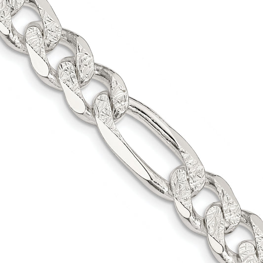 26 Inch Sterling Silver 11.0mm Pav Flat Figaro Chain