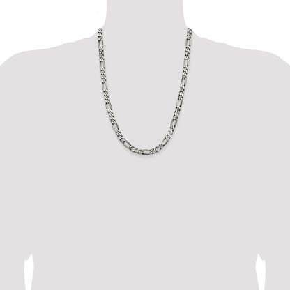 24 Inch Sterling Silver Antiqued 6.5mm Figaro Chain