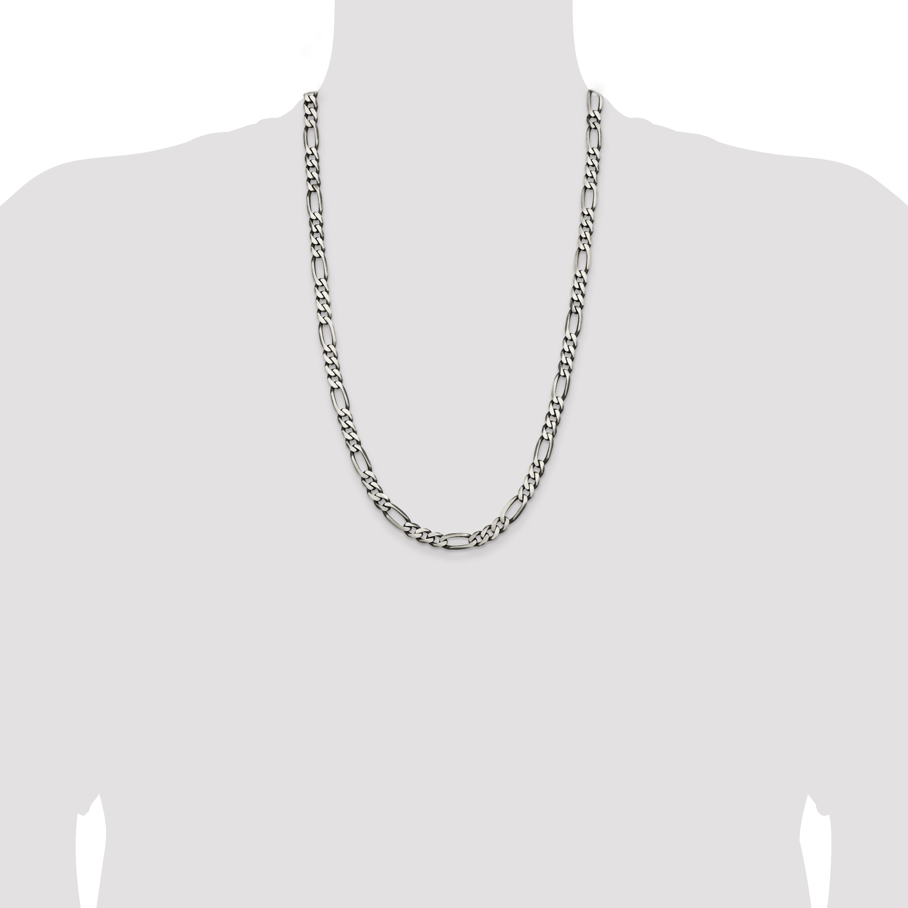 26 Inch Sterling Silver Antiqued 6.5mm Figaro Chain