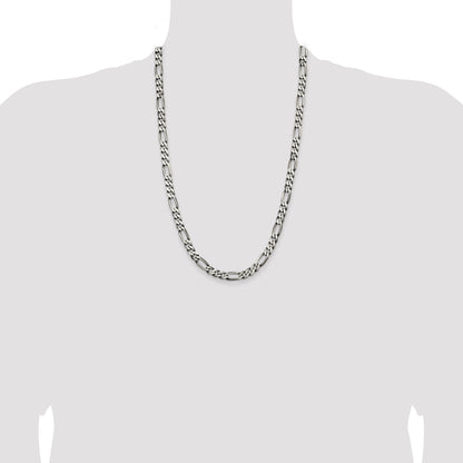 26 Inch Sterling Silver Antiqued 6.5mm Figaro Chain
