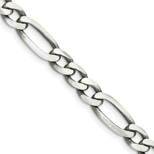 26 Inch Sterling Silver Antiqued 6.5mm Figaro Chain