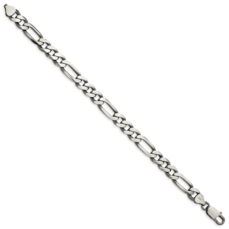 9 Inch Sterling Silver Antiqued 7.75mm Figaro Chain Bracelet