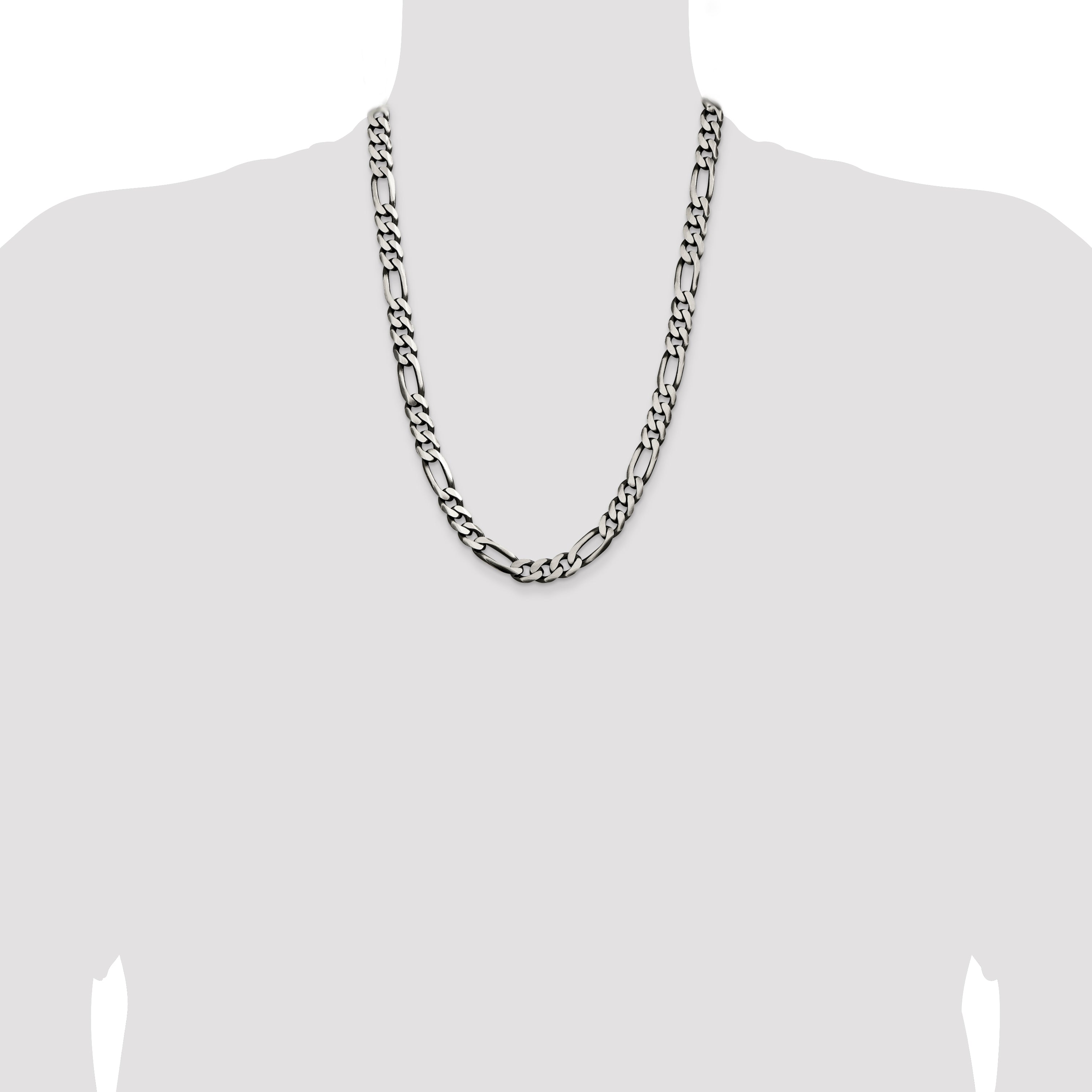 24 Inch Sterling Silver Antiqued 9mm Figaro Chain