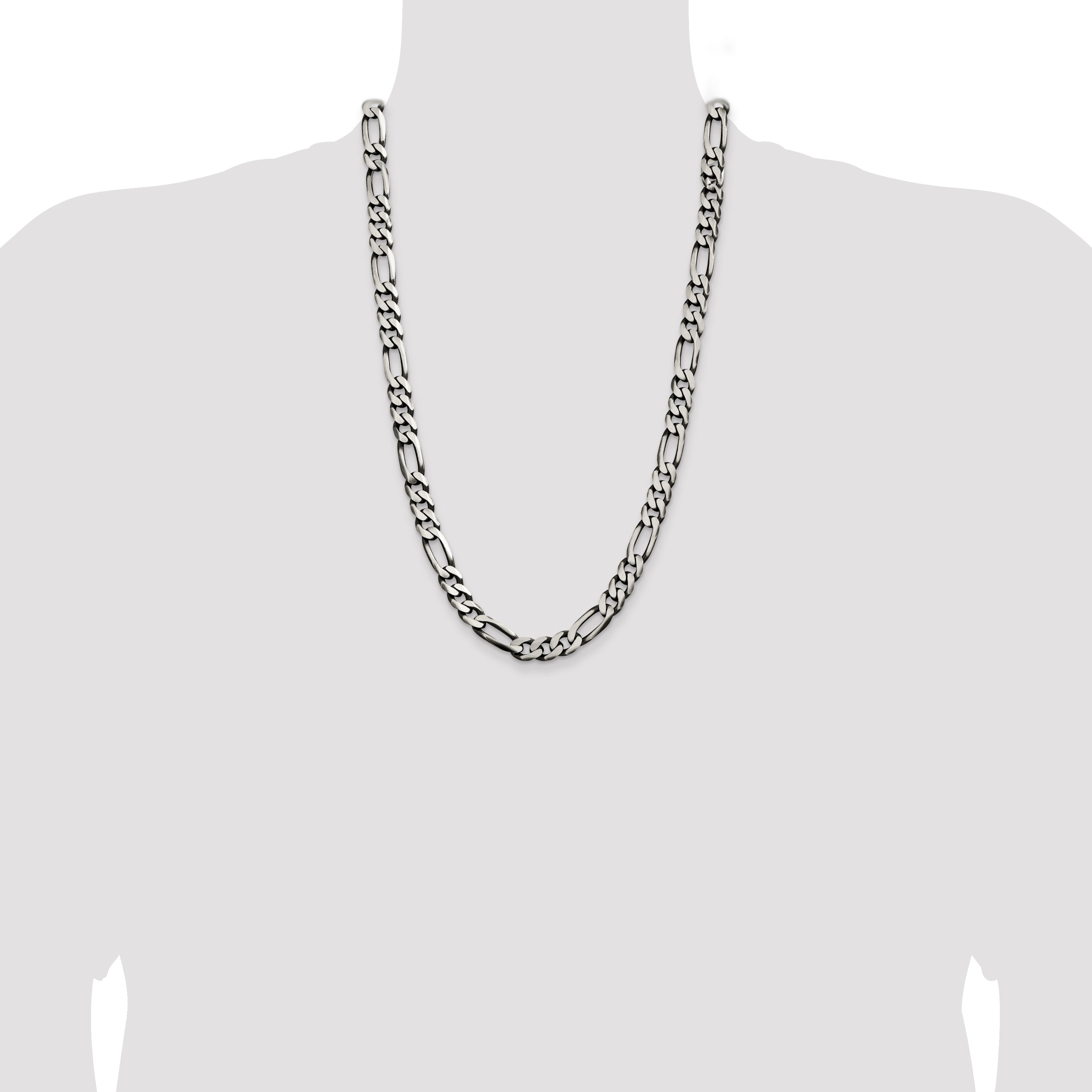 26 Inch Sterling Silver Antiqued 9mm Figaro Chain