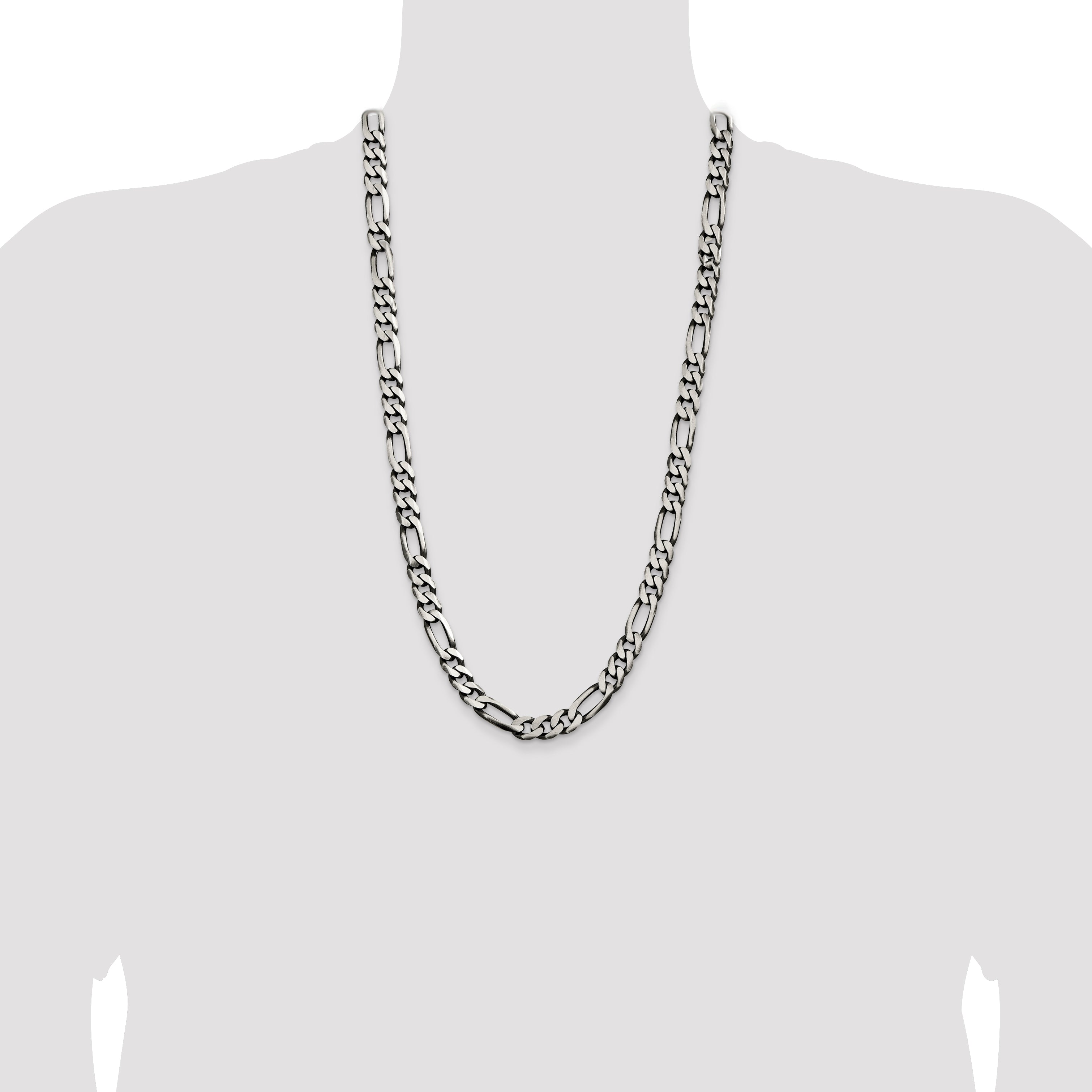 28 Inch Sterling Silver Antiqued 9mm Figaro Chain