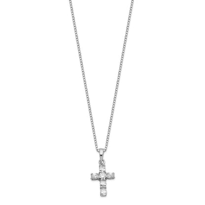 16 Inch Sterling Silver Rhodium-Plated Cz Cross On Box Chain Necklace