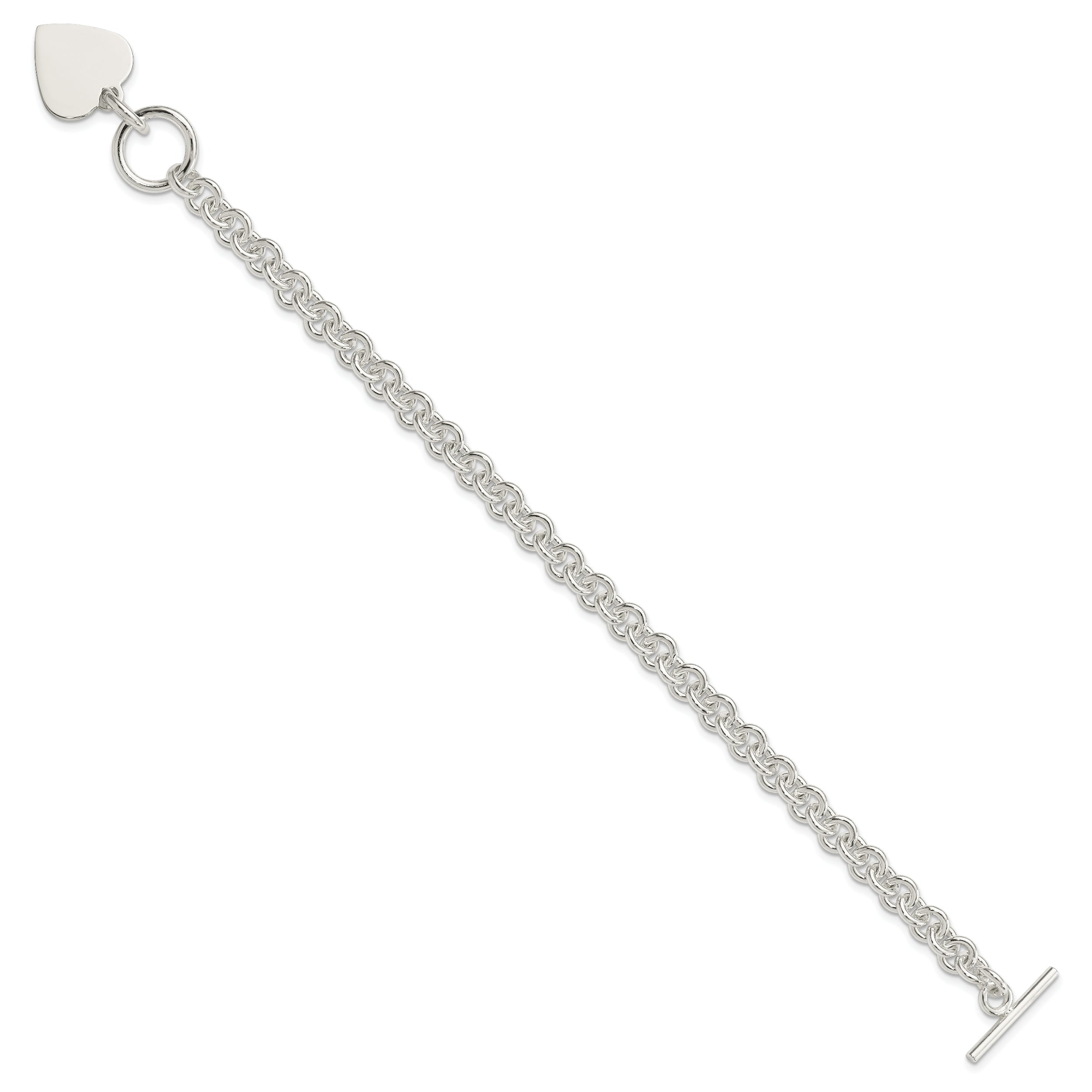 8.75 Inch Sterling Silver Engraveable Heart Disc On Fancy Link Toggle Bracelet