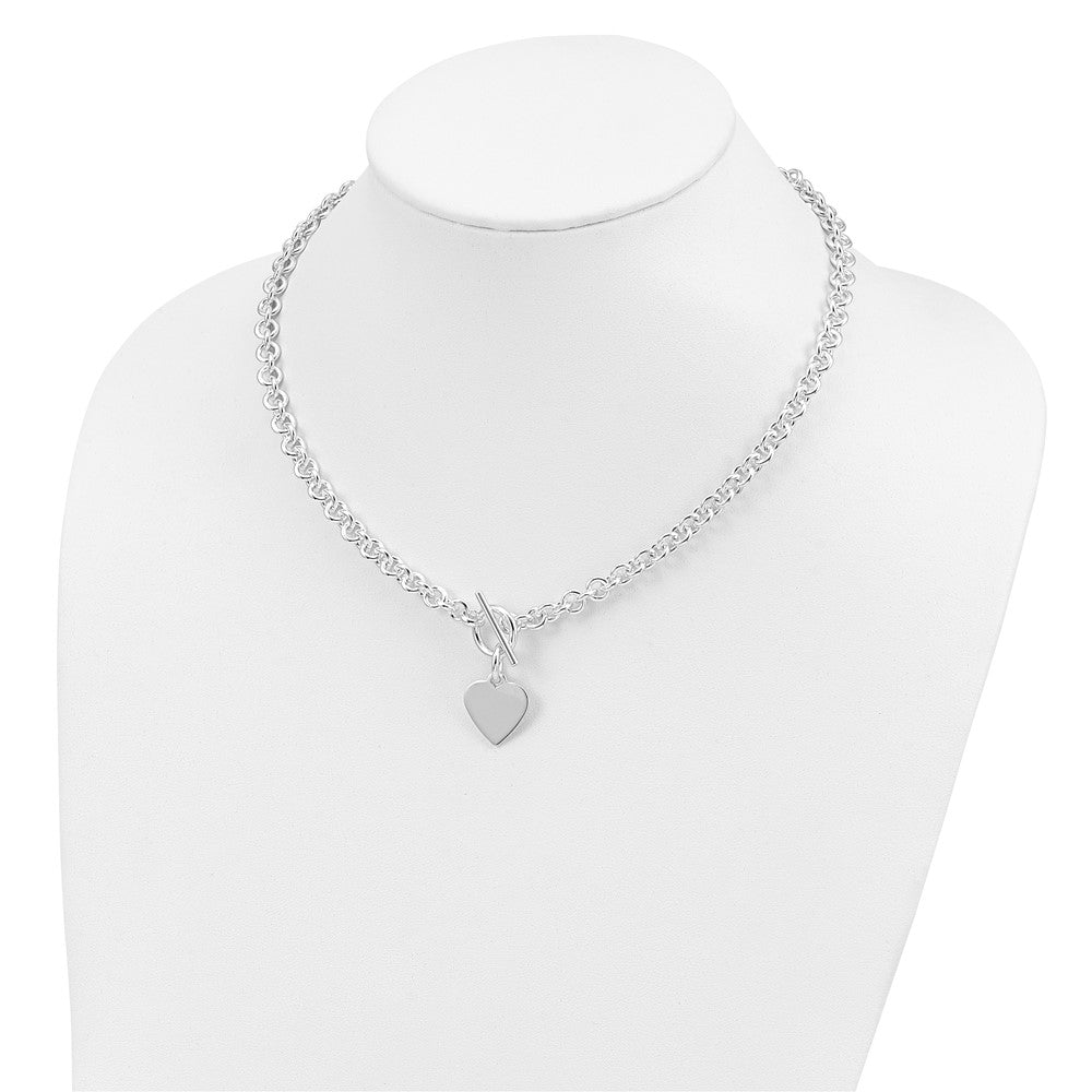 Sterling Silver Rhodium Plated Heart Disc on Toggle 18in Necklace