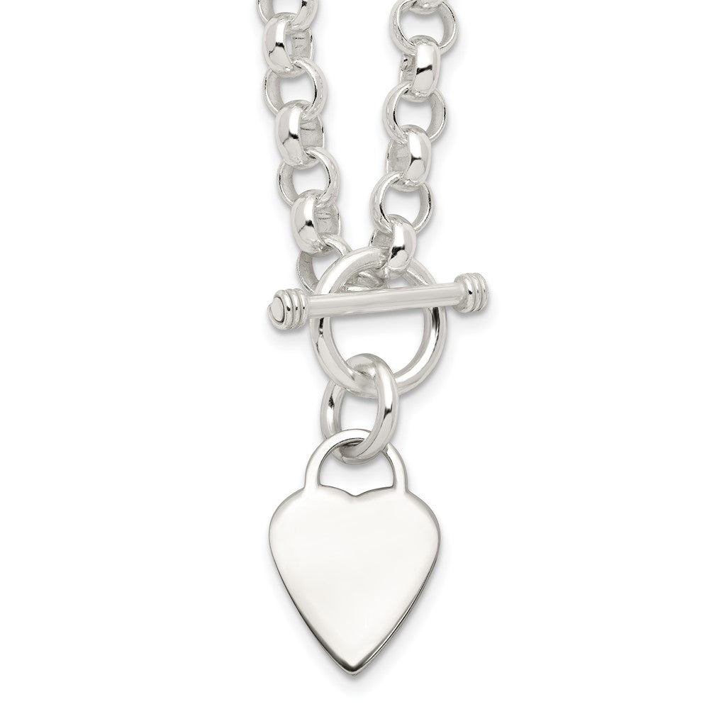 Sterling Silver Engraveable Heart Disc On Fancy Link Toggle Necklace