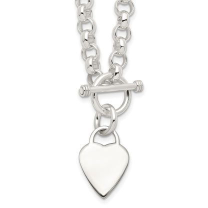 Sterling Silver Engraveable Heart Disc On Fancy Link Toggle Necklace