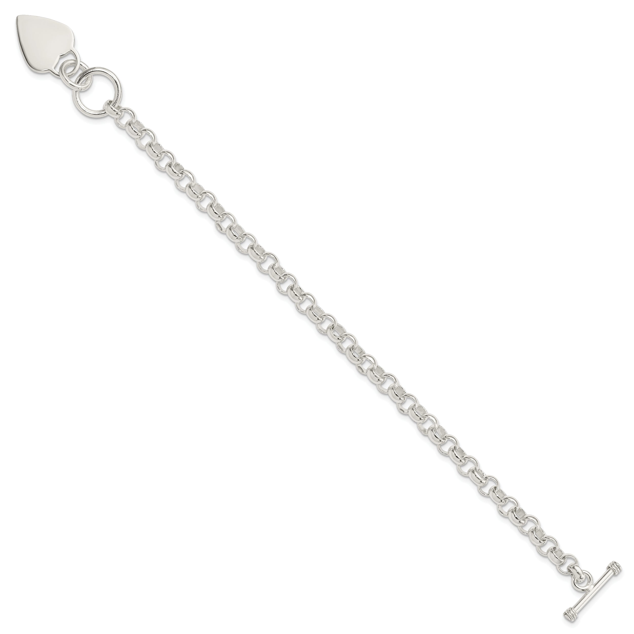 8.75 Inch Sterling Silver Engraveable Heart Disc On Fancy Link Toggle Bracelet
