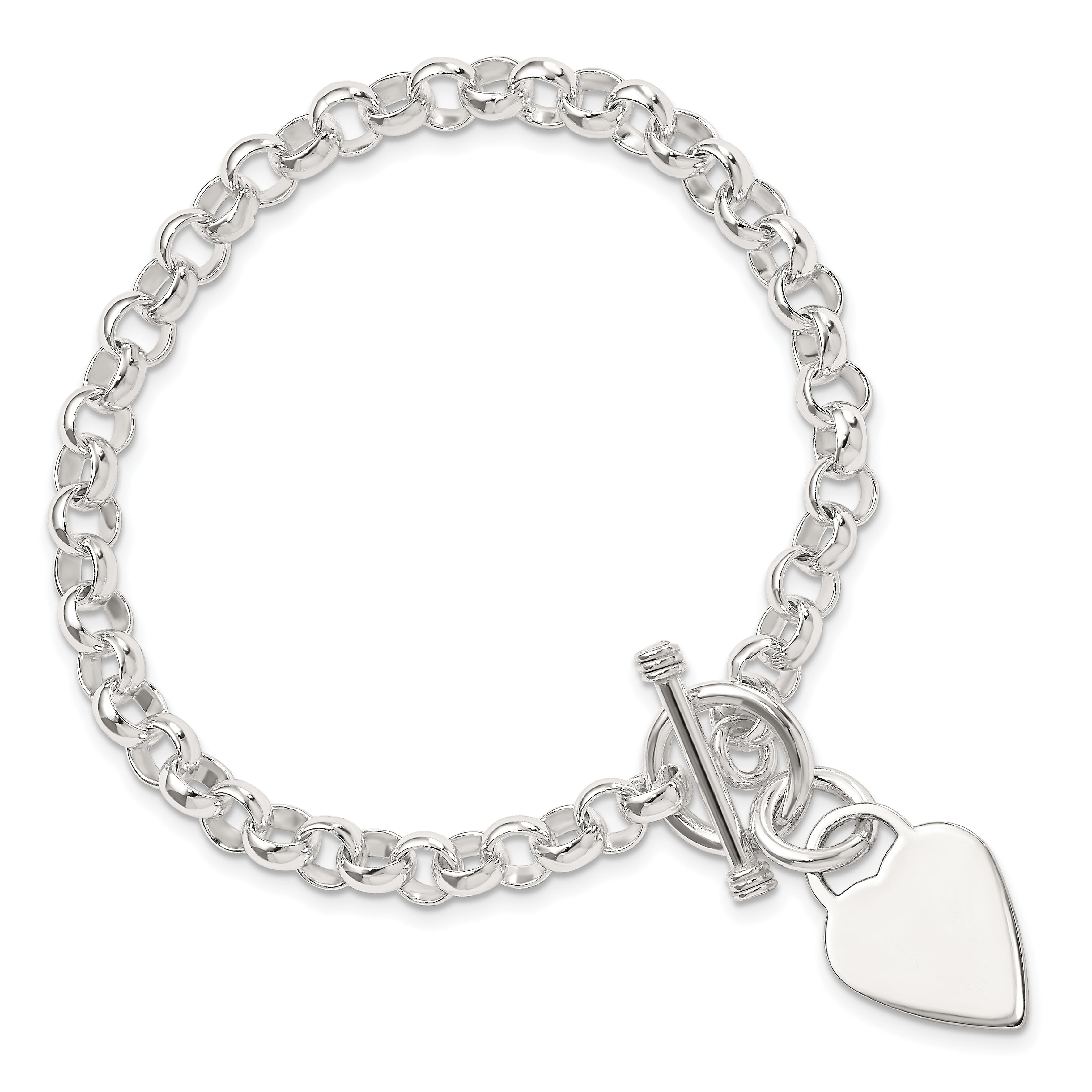 7.75 Inch Sterling Silver Engraveable Heart Disc On Fancy Link Toggle Bracelet