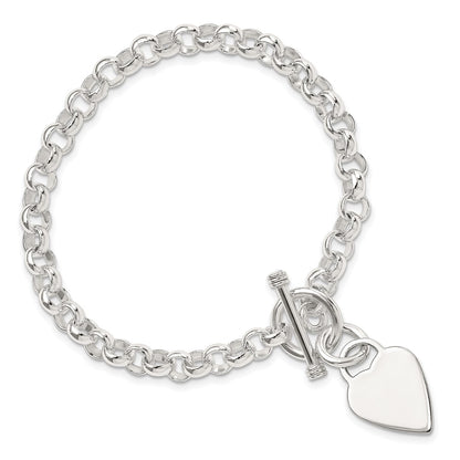 8.75 Inch Sterling Silver Engraveable Heart Disc On Fancy Link Toggle Bracelet