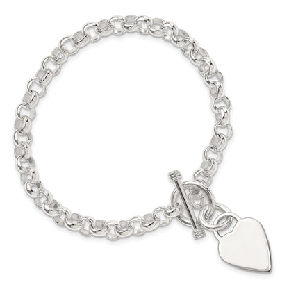 8.75 Inch Sterling Silver Engraveable Heart Disc On Fancy Link Toggle Bracelet