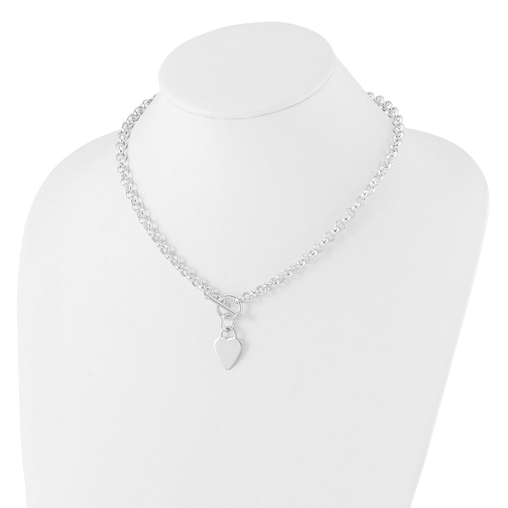 Sterling Silver Rhodium Plated Heart Disc on Toggle Necklace