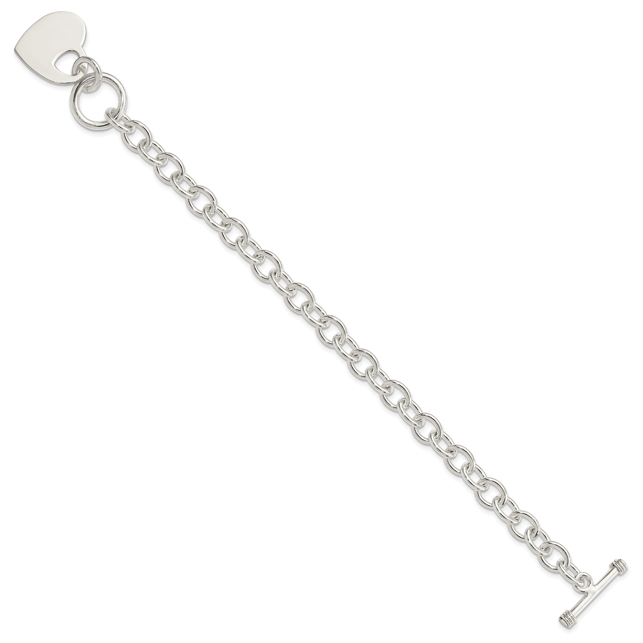 8.75 Inch Sterling Silver Engraveable Heart Disc On Fancy Link Toggle Bracelet