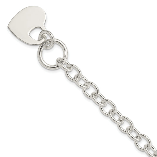 8.75 Inch Sterling Silver Engraveable Heart Disc On Fancy Link Toggle Bracelet
