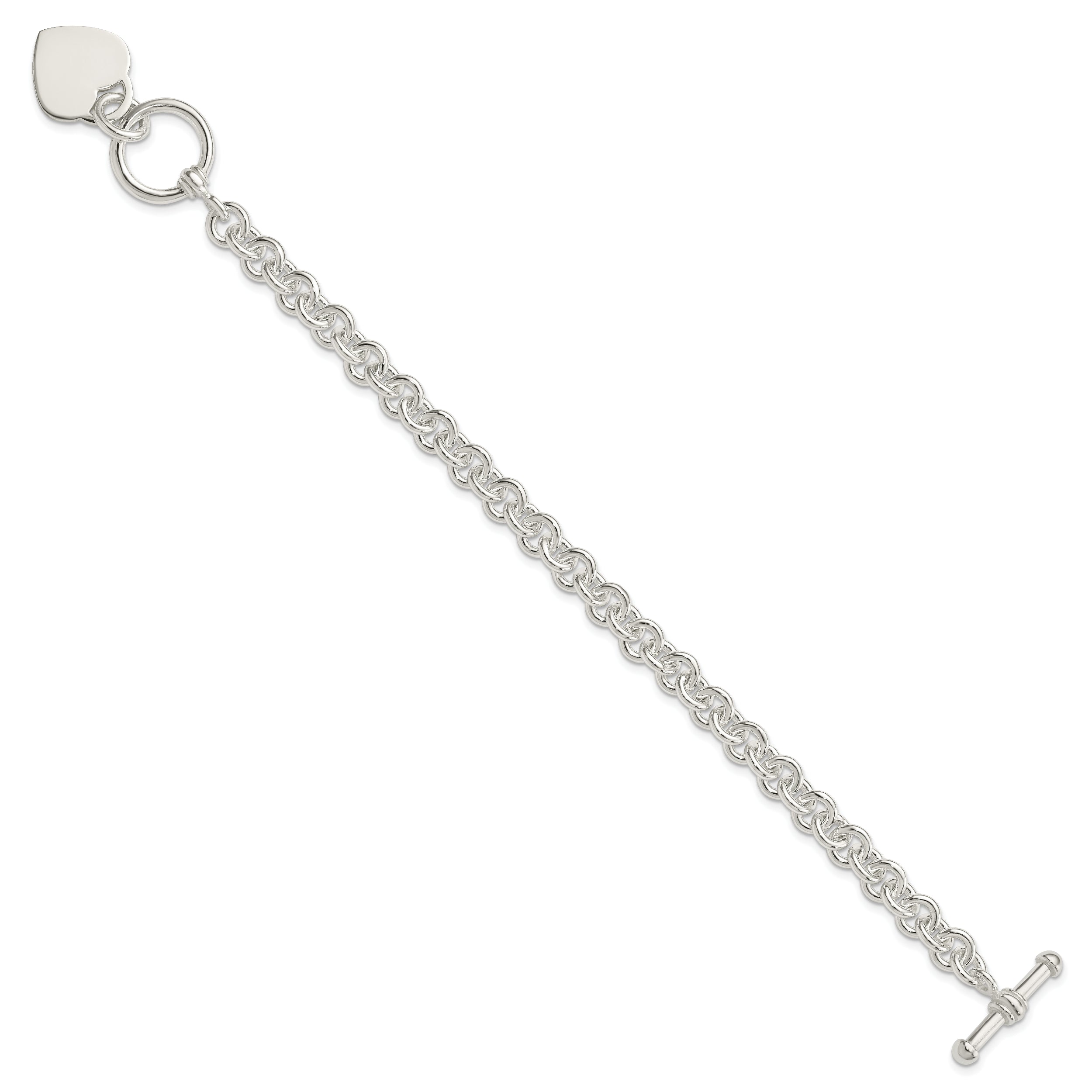 7.75 Inch Sterling Silver Engraveable Heart Disc On Fancy Link Toggle Bracelet