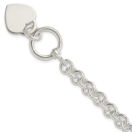 7.75 Inch Sterling Silver Engraveable Heart Disc On Fancy Link Toggle Bracelet