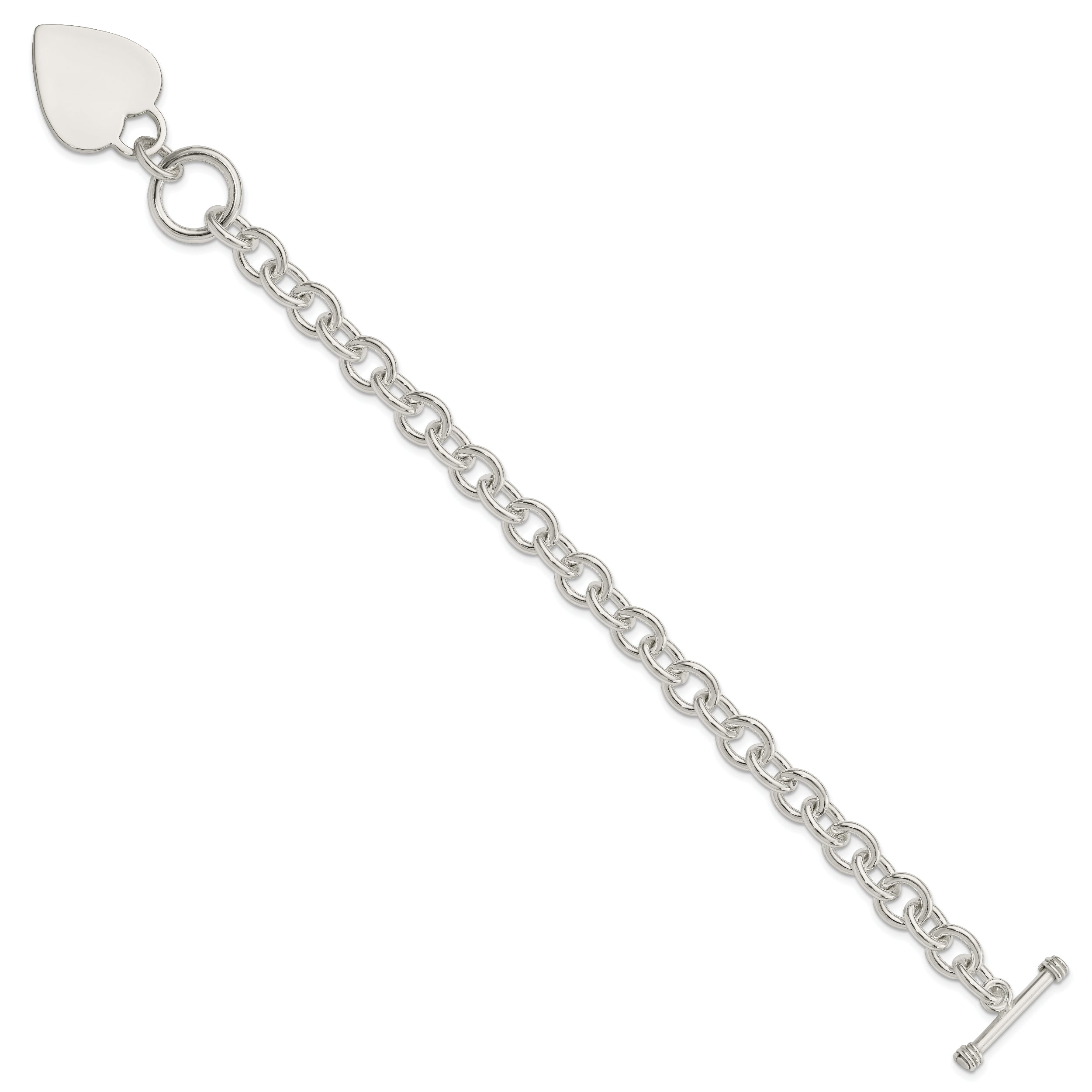 7.75 Inch Sterling Silver Engraveable Heart Disc On Fancy Link Toggle Bracelet