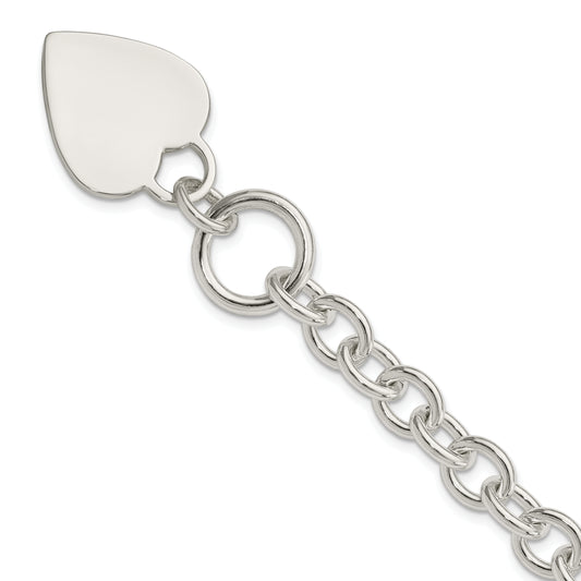 8.75 Inch Sterling Silver Engraveable Heart Disc On Fancy Link Toggle Bracelet