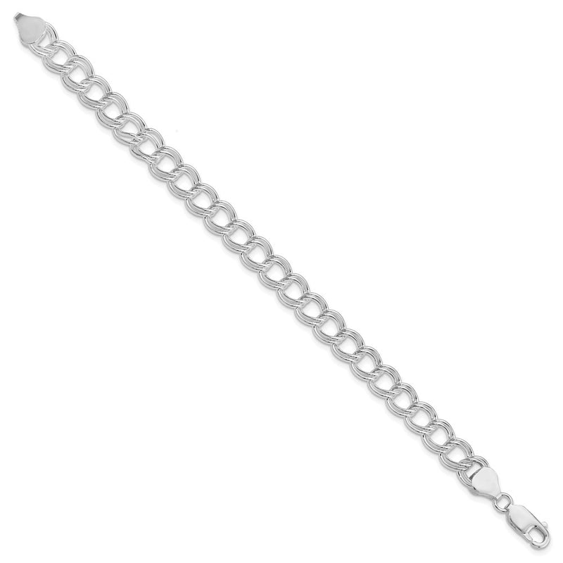 Sterling Silver Rhodium Plated 7.75mm Solid Double Link Charm Bracelet