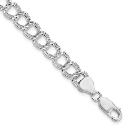 Sterling Silver Rhodium Plated 7.75mm Solid Double Link Charm Bracelet