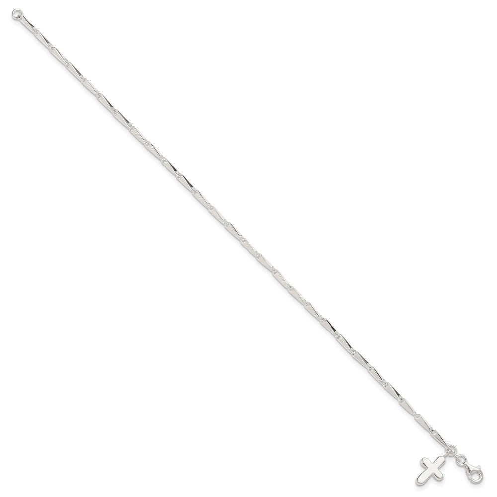 Sterling Silver 10 In Solid Polished Cross On Fancy Link Anklet