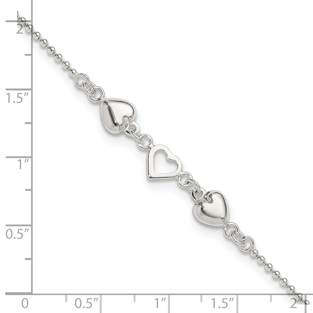 Sterling Silver 9Inch Plus 1In Ext Polished Hearts Anklet