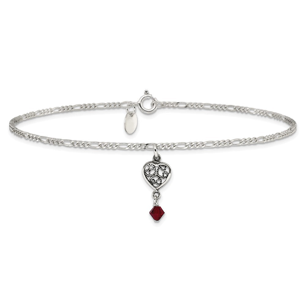 Sterling Silver Dark Pink Crystal Dangling Antiqued Heart 9 Inch Anklet
