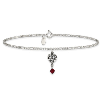 Sterling Silver Dark Pink Crystal Dangling Antiqued Heart 9 Inch Anklet
