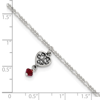 Sterling Silver Dark Pink Crystal Dangling Antiqued Heart 9 Inch Anklet