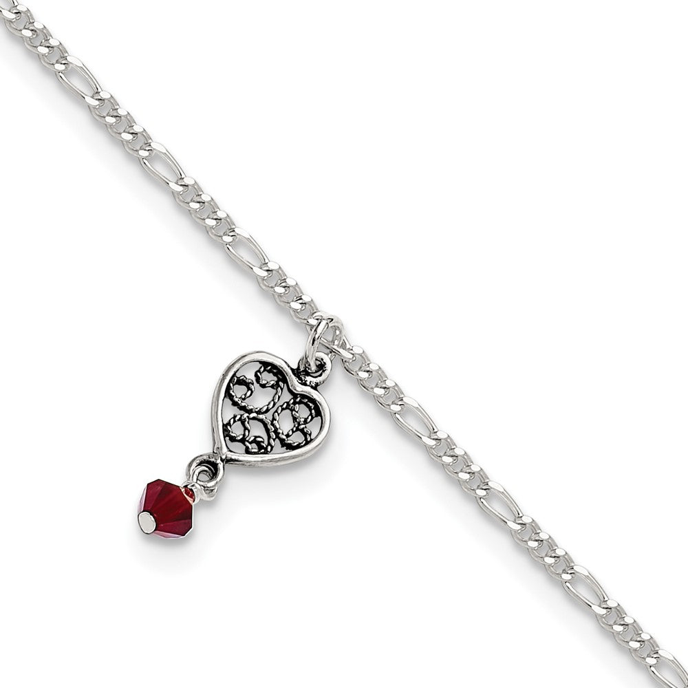 Sterling Silver Dark Pink Crystal Dangling Antiqued Heart 10 Inch Anklet
