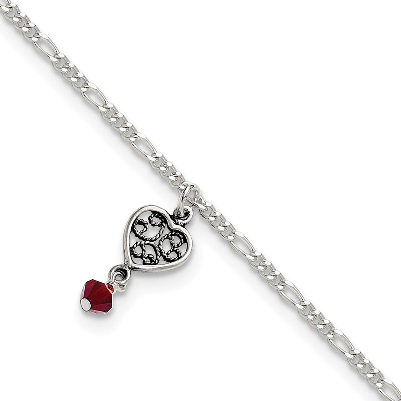 Sterling Silver Dark Pink Crystal Dangling Antiqued Heart 10 Inch Anklet