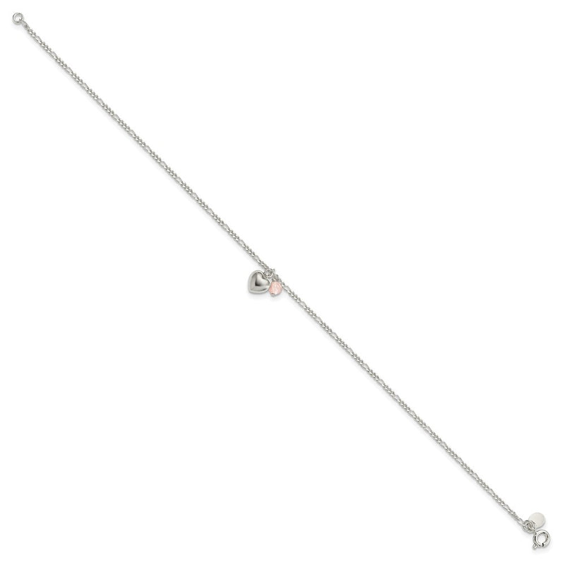 Sterling Silver Cherry Quartz Dangling Hearts On Figaro Link Anklet