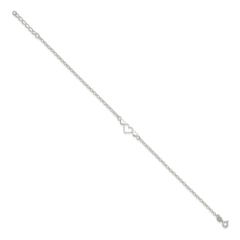 Sterling Silver 9Inch Plus 1 In Ext. Polished Triple Heart Anklet