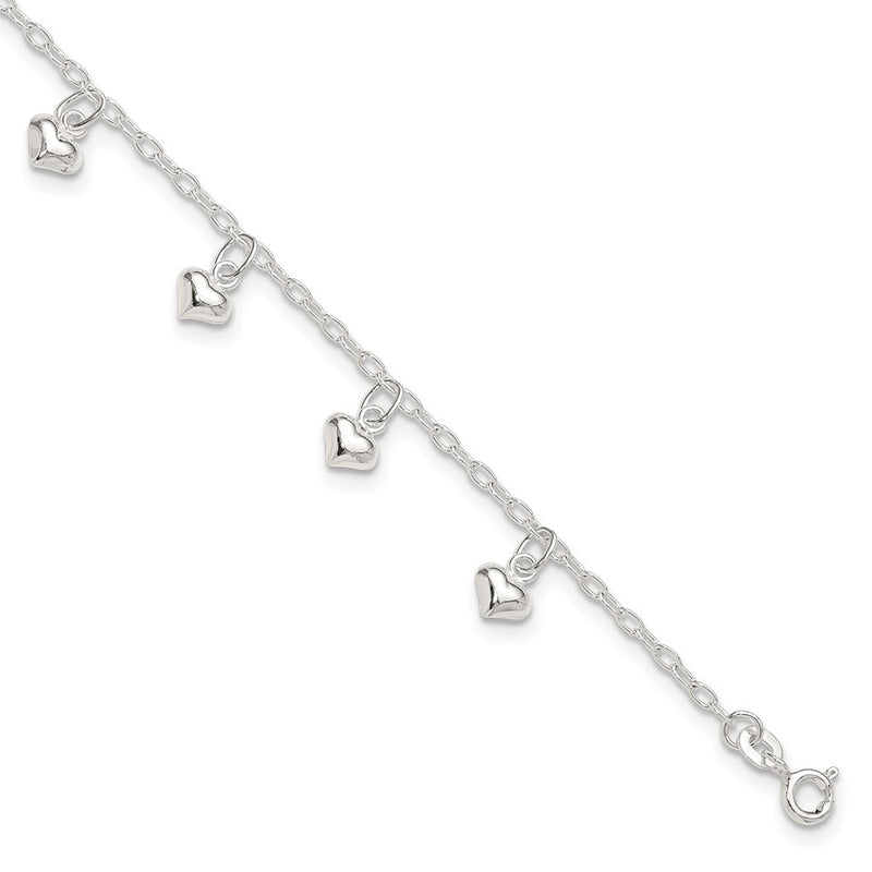 Sterling Silver 9Inch Plus 1In Ext Polished Puffed Heart Anklet