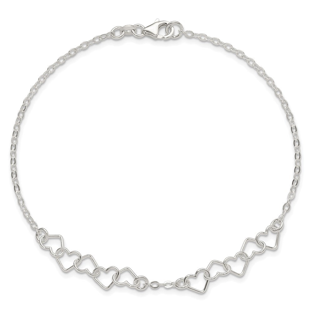 Sterling Silver 9Inch Polished Fancy Heart Link Anklet