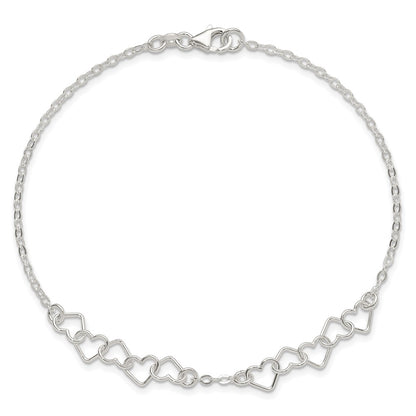 Sterling Silver 9Inch Polished Fancy Heart Link Anklet