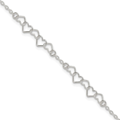 Sterling Silver 9Inch Polished Fancy Heart Link Anklet