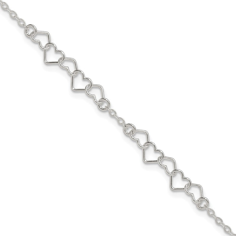 Sterling Silver 9Inch Polished Fancy Heart Link Anklet