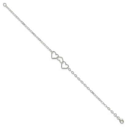 Sterling Silver 9Inch Solid Polished Fancy Heart Link Anklet