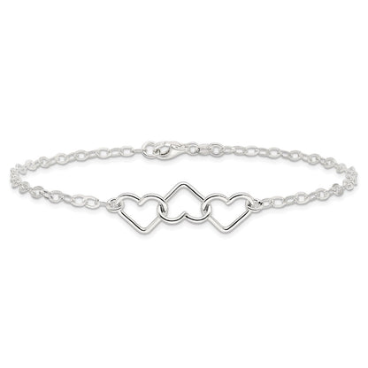 Sterling Silver 9Inch Solid Polished Fancy Heart Link Anklet