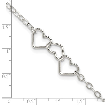 Sterling Silver 9Inch Solid Polished Fancy Heart Link Anklet