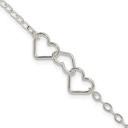Sterling Silver 10Inch Solid Polished Fancy Heart Link Anklet