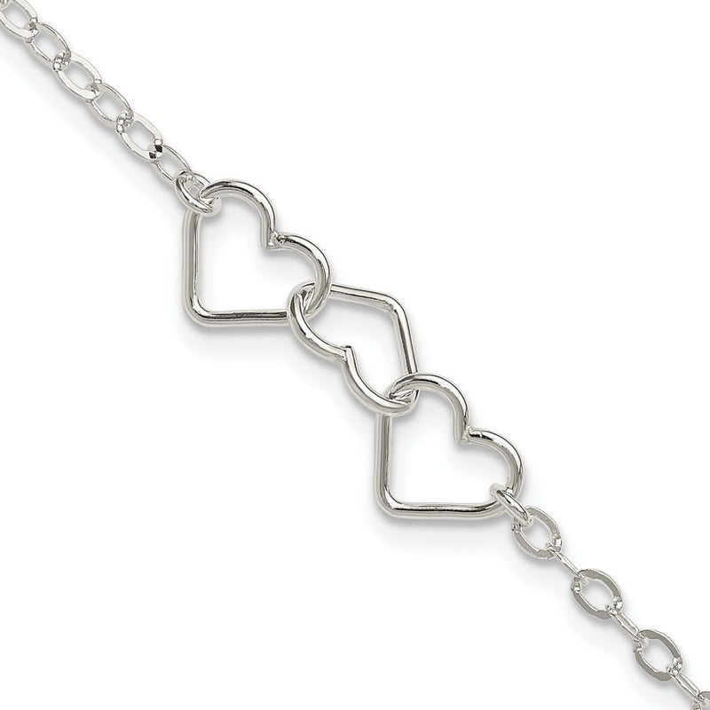 Sterling Silver 10Inch Solid Polished Fancy Heart Link Anklet