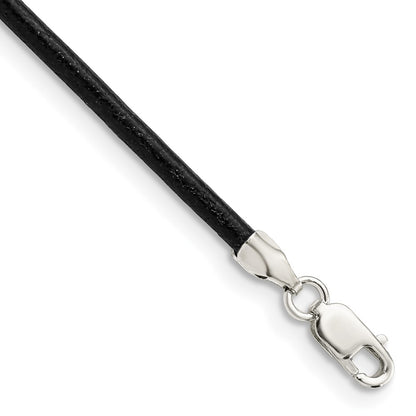 Sterling Silver 16Inch 2mm Black Leather Cord Necklace